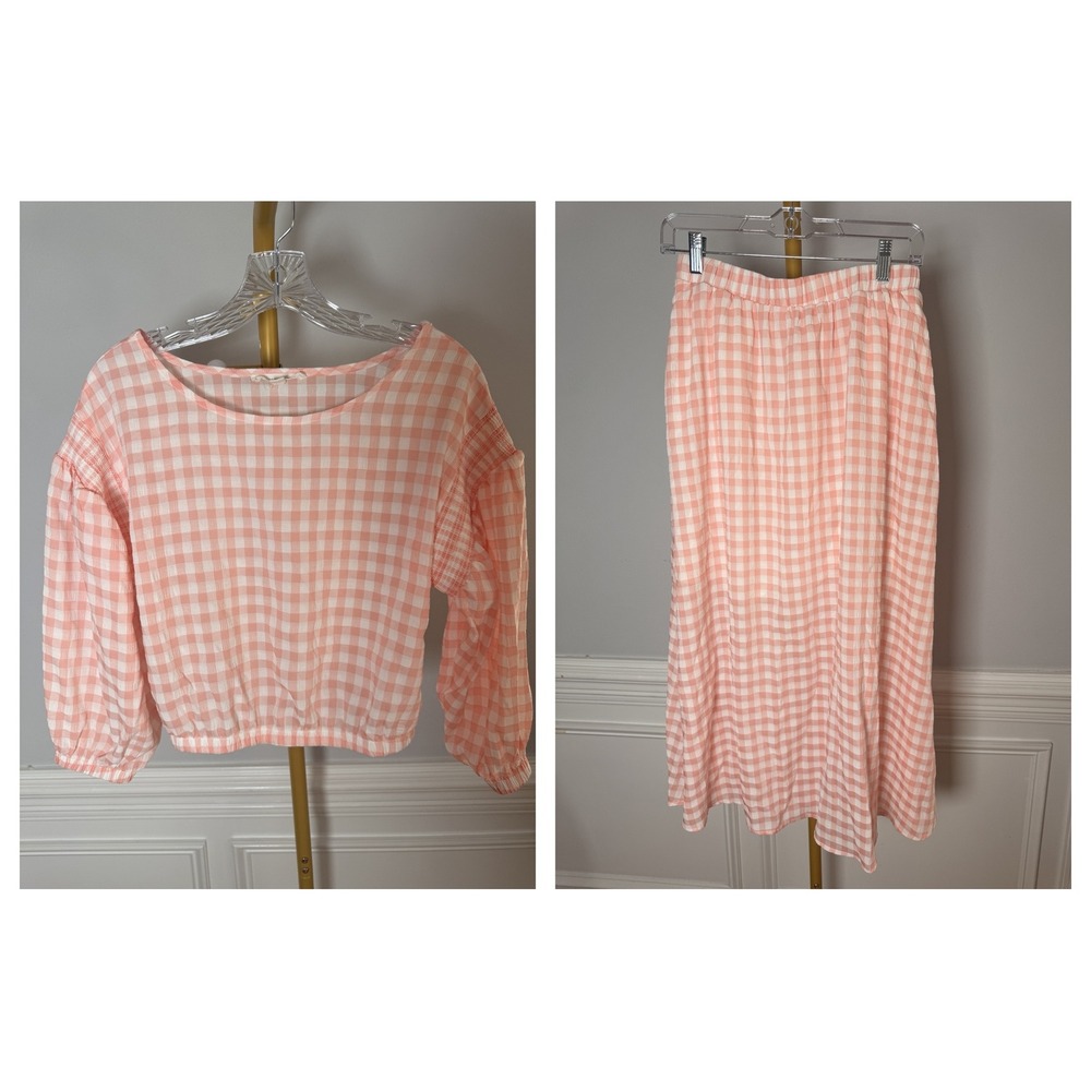 Shabby Chic Gingham 2 Piece Set Womens Small Peach White Rayon Cottagecore